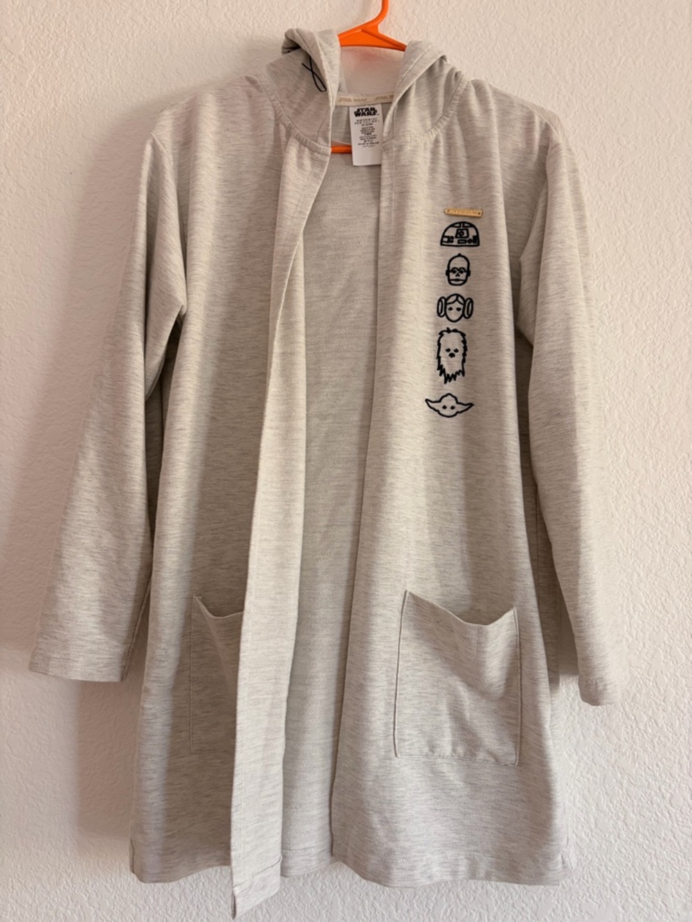 Disney Parks Star Wars Light Gray Hooded Open Cardigan with Embroidered Icons